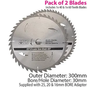 QTY 2 300mm x 30mm TCT Circular Saw Blades 40T 60T 25mm 20mm 16mm Rings