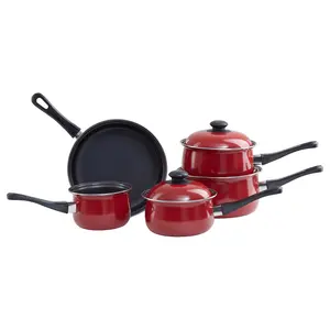 Interiors by Premier 5 Pc Non-Stick Red Pan Set, Kitchen Pots and Pans Set With Bakelite Handles, Stainless Steel Pot Set