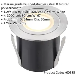 Recessed IP67 Guide Light - 1.2W Warm White LED - Marine Grade Stainless Steel