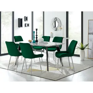 Anders Modern High Gloss Marble Effect Dining Table Set with 6 Luxury Velvet Dining Chairs Green/Silver