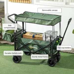 Outsunny Outdoor Push Pull Wagon Stroller Cart w/ Canopy Top Green