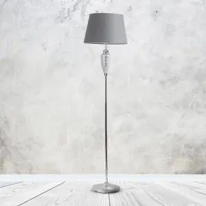 First Choice Lighting Pair of Mirrored Crackle Glass Floor Lamp with Grey Shades