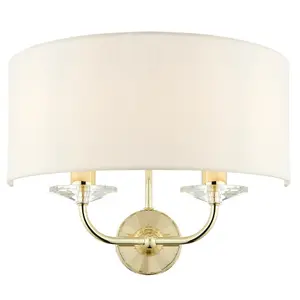 Dimmable Twin Wall Light Brass Glass White Fabric Shade Curved Arm Lamp Fitting