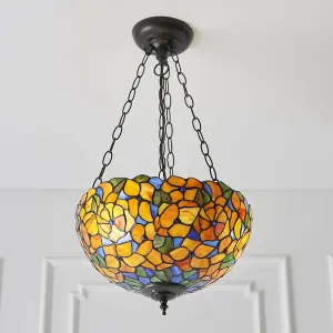 Medium Floral Pendant Ceiling Light - Tiffany Glass & Dark Bronze Finish - Dimmable LED