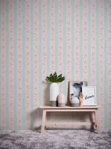 Galerie Maison Charme Blue Vintage Rose Stripe Motif Wallpaper Roll