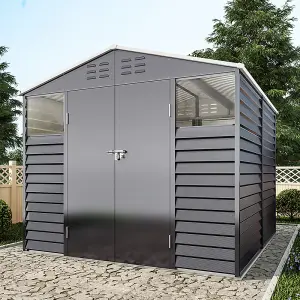 8 x 8.5 ft Apex Metal Garden Storage Shed Outdoor Tool Storage House Double Door with 2 Windows,Charcoal Black