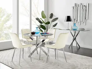 Furniturebox UK Novara Chrome Metal Round Glass Dining Table And 4 Cream Pesaro Silver Leg Chairs