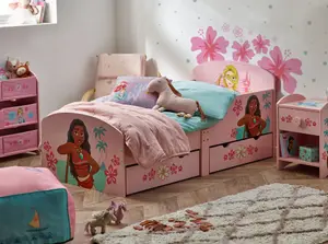 Disney Princess Toddlers Bed with storage, Engineered Wood, Light Pink, W143 X D75 X H64cm