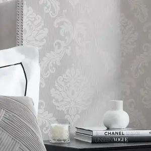 Chelsea Glitter Damask Wallpaper In Soft Grey And Silver