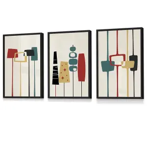 Set of 3 Framed Mid Century Modern in Teal, Red and Yellow / 50x70cm / Black