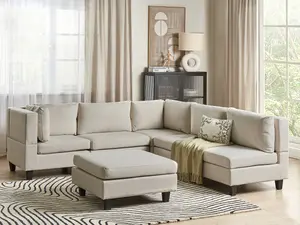 Corner Sofa with Ottoman UNSTAD Light Beige Fabric Right Hand