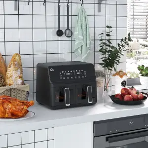 HOMCOM Dual Air Fryer 8L Family Size w/ 2 Basket 8 Presets Cookbook Timer 2500W