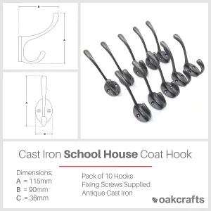 Oakcrafts - Antique Cast Iron Victorian School House Style Hat and Coat Hook - Pack of 10