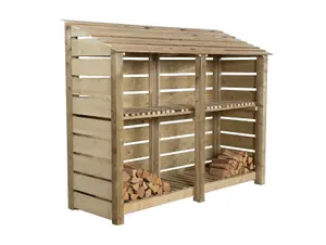 Slatted wooden log store with kindling shelf W-227cm, H-180cm, D-88cm - natural (light green) finish