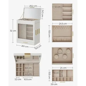 Jewellery Storage Box 5-Layer White Jewellery Organiser with 3 Side Drawer and Glass Window