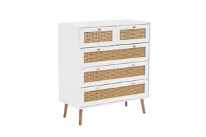 White Chest of 5 Drawers Rattan Mid Century Modern