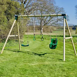 Rebo Wooden Garden Swing Set with Trapeze Bar - Galaxy Green