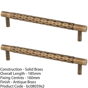 2 PACK - Diamond T Bar Pull Handle - Antique Brass - 160mm Centres SOLID BRASS Drawer