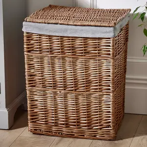 Willow Wicker Laundry Basket with Removable Cotton Lining & Lid Square Woven Rustic Style Rattan