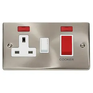 Satin / Brushed Chrome Cooker Control 45A With 13A Switched Plug Socket & 2 Neons - White Trim - SE Home