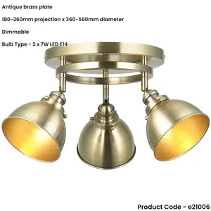 Antique brass Ceiling Spot Light - 3 x 7W LED E14 Round - Dimmable Modern industrial style