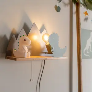 ValueLights Kids Green and Grey Dinosaur Design Plug in Wall Light with Shelf and Pull Cord Switch - Including Bulb