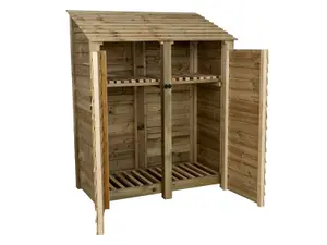 Wooden log store with door and kindling shelf W-146cm, H-180cm, D-88cm - natural (light green) finish