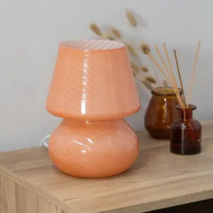 ValueLights Beau Pin Stripe Peach Glass Table Lamp with Tapered Lampshade Bedside Light - Bulb Included