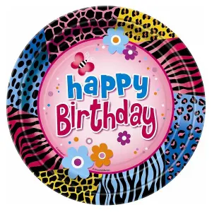 Unique Paper Animal Print Happy Birthday Disposable Plates (Pack of 8) Multicoloured (One Size)