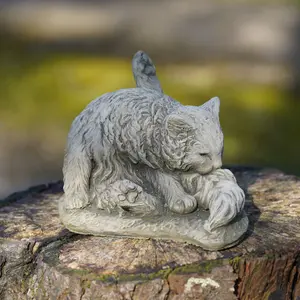 Washing Cat Stone Statue Kitten Animal Outdoor Garden Ornament Decoration British Made Sculpture