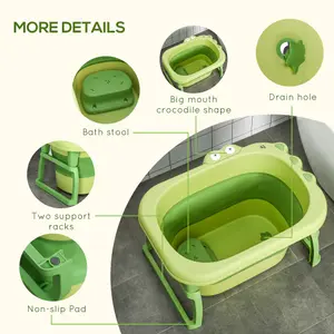 HOMCOM Foldable Baby Bathtub for Newborns Infants Toddlers w/ Stool - Green