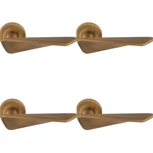 4 PACK - Premium Angle Twist Door Handle Set - Antique Brass Designer Lever on Round Rose