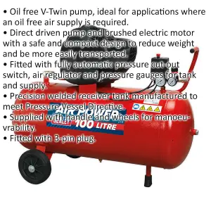 100L Oil-Free V-Twin Air Compressor with 3 hp Induction Motor for Efficient Performance