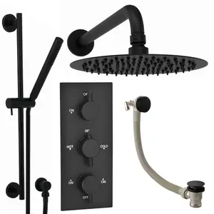 ENKI Venice Matte Black Round Wall Fixed Thermostatic Shower Slider Rail Set 8"