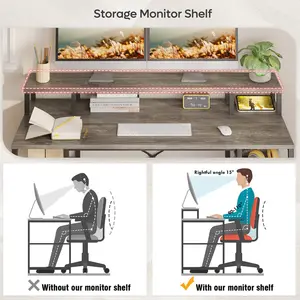 Kinslee 55inch Computer Desk, Office Work Desk with Monitor Stand Grey