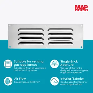 Metal Louvre Air Vent Cover, Suitable for Venting Gas Appliances Internal External Wall, for Openings 9 x 3" (229 x 76mm), Chrome