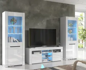 Furneo High Gloss & Matt White Living Room Set TV Stand Display Cabinets MilanoW Blue LED Lights