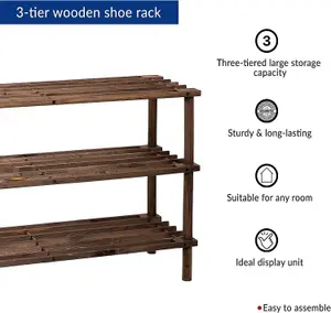 Wooden Shoe Rack Footwear Storage Organiser Unit Slated New Dark Oak Effect, 3 Tier