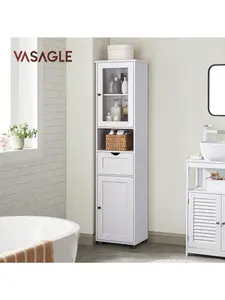 VASAGLE Tall Bathroom Cabinet Free Standing, Slim Bathroom Cupboard, With Open Shelf, Glass Door, Water-Resistant Feet