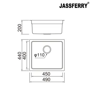 JASSFERRY Undermount Kitchen Sink Single Bowl Stainless Steel Dish Drainer Rack, 490 x 440 mm