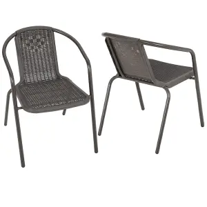 Set of 2 Brown Vintage Style Stacking Rattan Patio Garden Chairs Outdoor Armchairs with Metal Frame