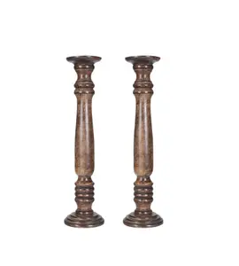 SET OF 2 Rustic Antique Carved Wooden Pillar Church Candle Holder, Light Brown,XX Large Large 63cm