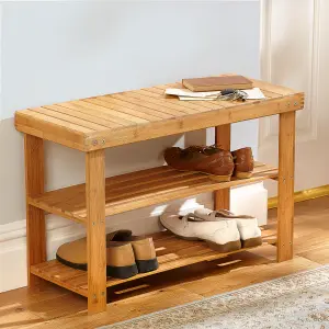 3 Tier Bamboo Shoe Rack - Wooden Shoe Stand Storage Organizer Bench for Hallway, Entryway, Living Room - H45 x W70 x D28.5cm