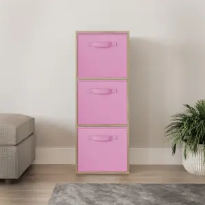 URBNLIVING 80cm Height 3 Cube Oak Wooden Shelves Cubes Cupboard Storage Units With Light Pink Drawer Insert