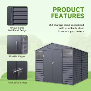 8 x 8.5 ft Apex Metal Garden Storage Shed Outdoor Tool Storage House Double Door with 2 Windows,Charcoal Black