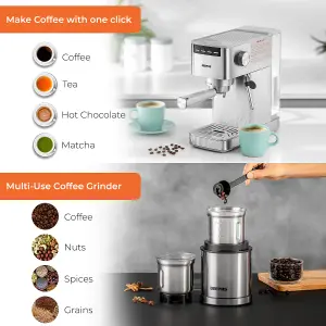 GEEPAS 1450W Espresso & Cappuccino Coffee Machine & 200W Coffee Grinder Combo Set Milk Frother 1.4L