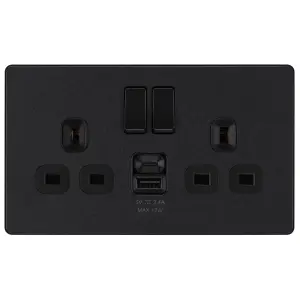 BG Matt Black Double 13A 12W Raised slim Switched Screwless Socket with USB, x2 & Black inserts