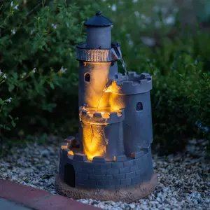 Primrose Solar Powered Grey Castle Cascading Water Feature With Battery Backup and Lights H49cm