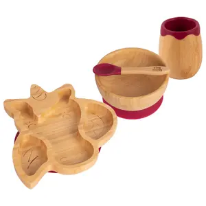 Tiny Dining - Unicorn Bamboo Suction Baby Feeding Set - Red - 4pc