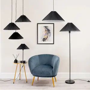 ValueLights Akira Black Hanging Pendant Ceiling Light with Pleated Lampshade - LED Bulb Included